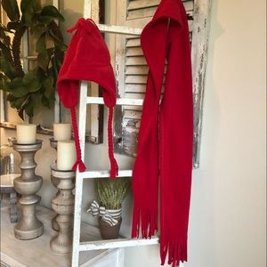 Red fleece scarf and hat set. One size